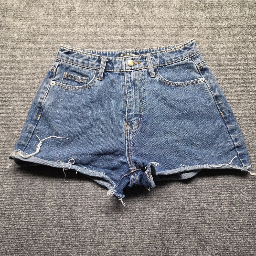PrettyLittleThing Petite High Waist Denim Shorts 4 Raw Hem Cutoffs Medium Wash